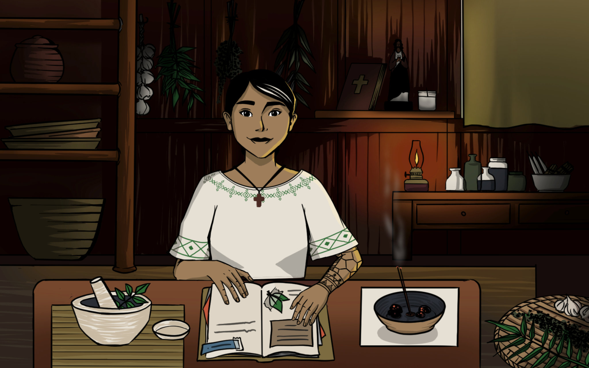An albularyo seated at a wooden table with herbs, notes, bottles, and folk healing tools.