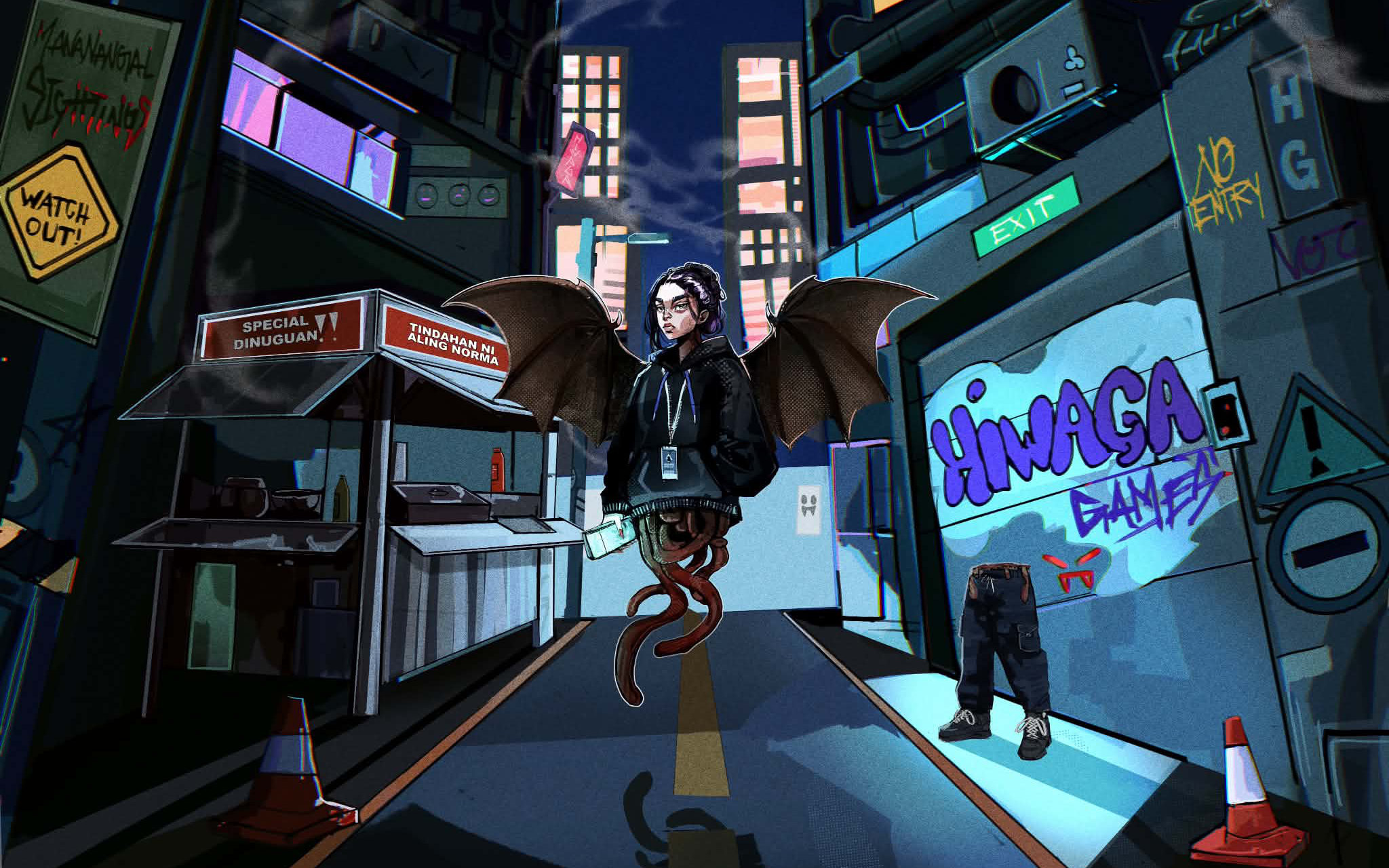 Juanita, a manananggal in a night-time Philippine city alley, separated from her lower body.